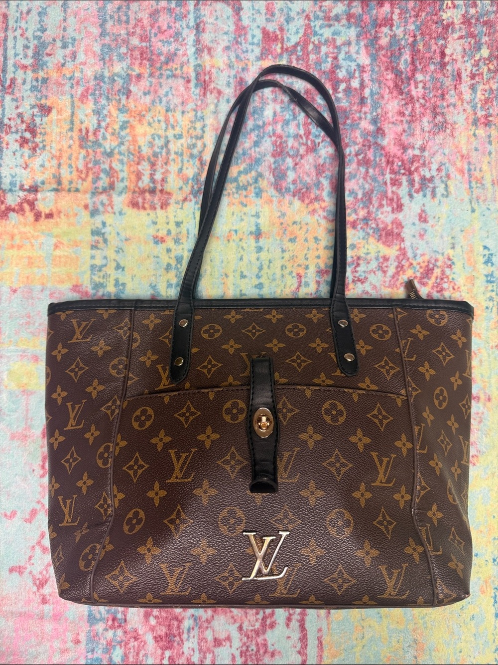 Brown Monogram Canvas Tote with Black Leather Straps